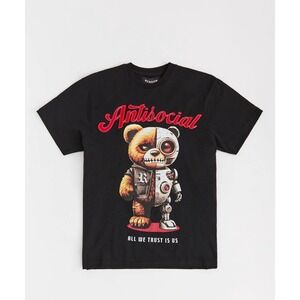 Reason Mens Antisocial Cyborg Bear Graphic T-Shirt Black Streetwear Tee